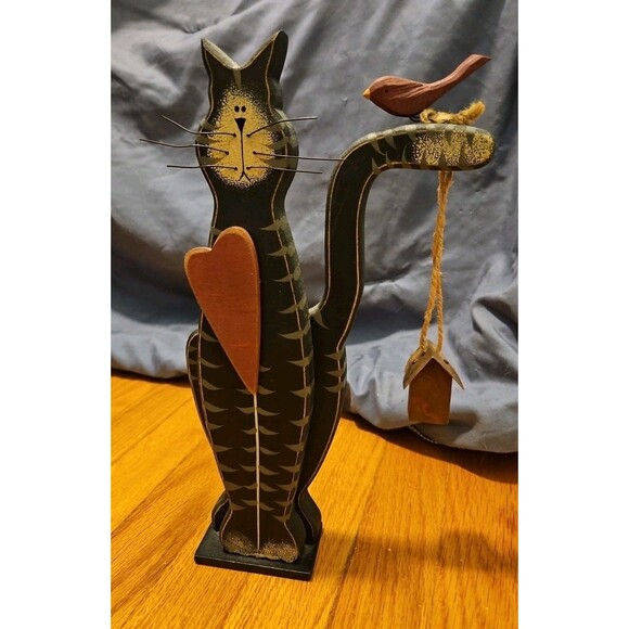 Rustic Folk Art Black & Gray Cat With a  Heart Bird & Bird House Wood Décor - Picture 5 of 8